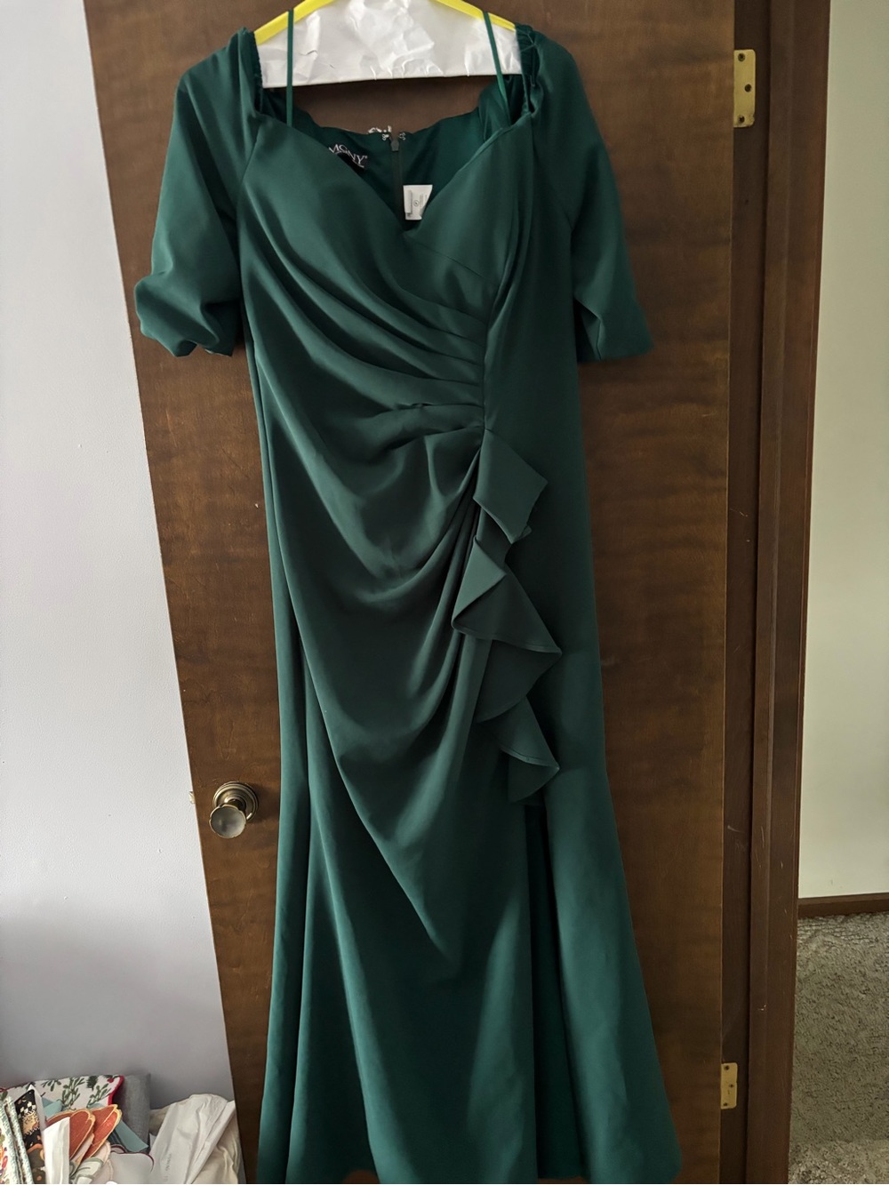 Elegant Emerald Long Sleeve Draped Ruffle Gown